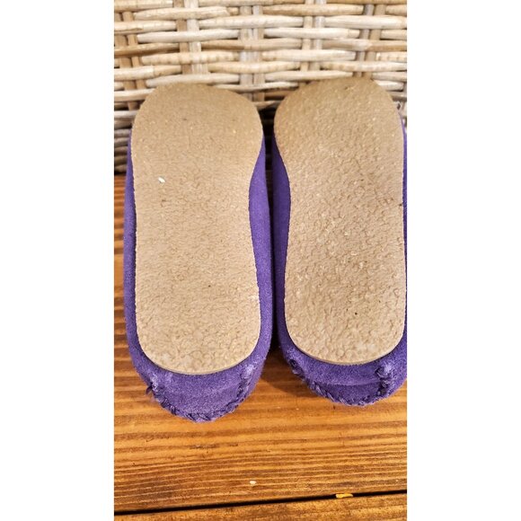 Minnetonka Girls Purple Suede Moccasin Slippers Faux Fur Leather lace Size 4 - Picture 10 of 12